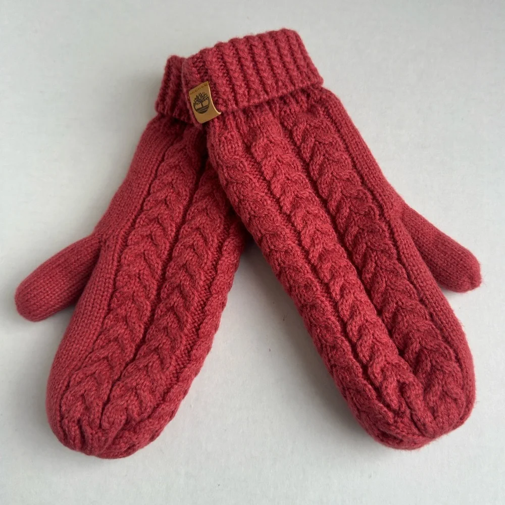 Timberland Cable Knit Mittens Faux Fur Lined Fold-Up Winter Warm